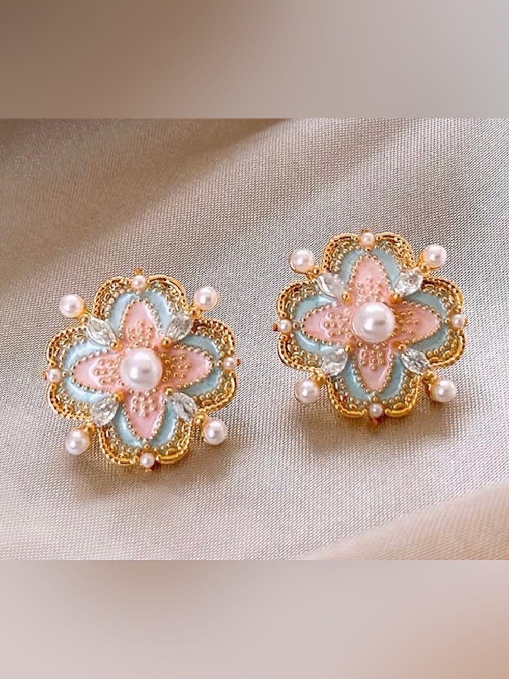 Pink and Blue Enamel Pearl Stud Earrings